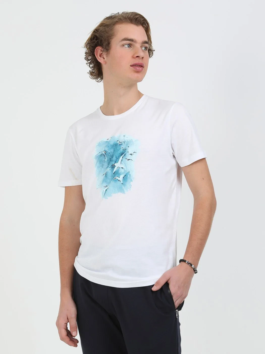 Beyaz Baskılı Bisiklet Yaka %100 Pamuk T-Shirt - 4