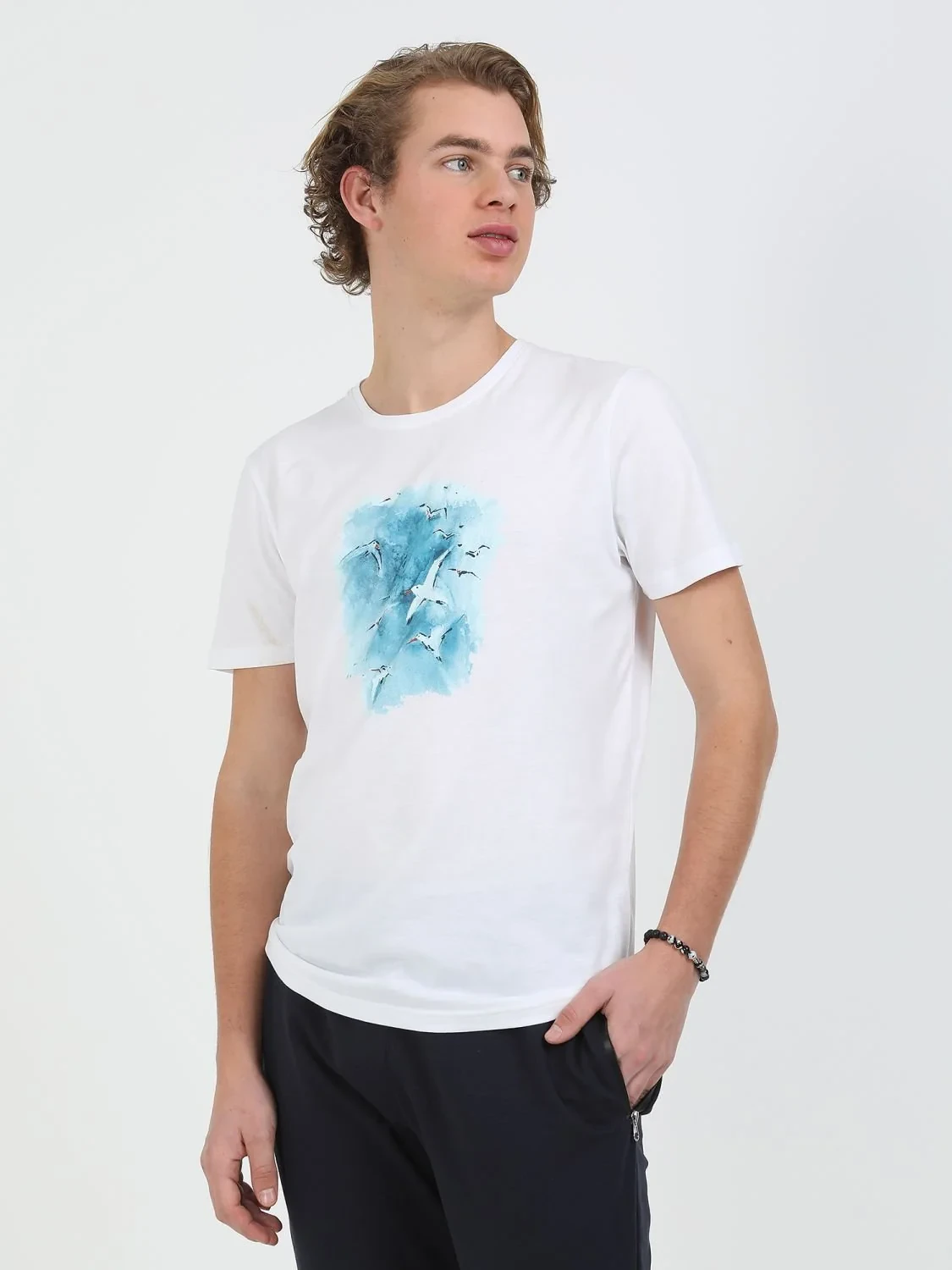 Beyaz Baskılı Bisiklet Yaka %100 Pamuk T-Shirt - 4