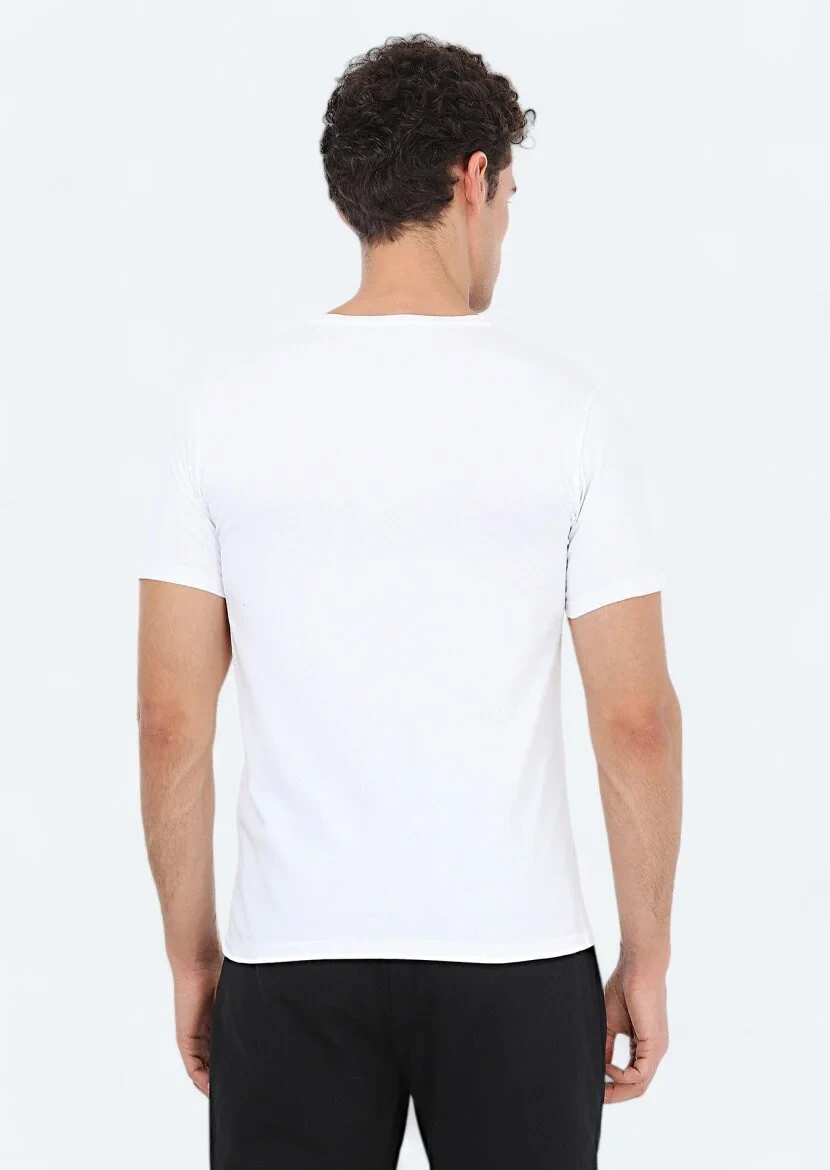 Beyaz Baskılı Bisiklet Yaka %100 Pamuk T-Shirt - 6