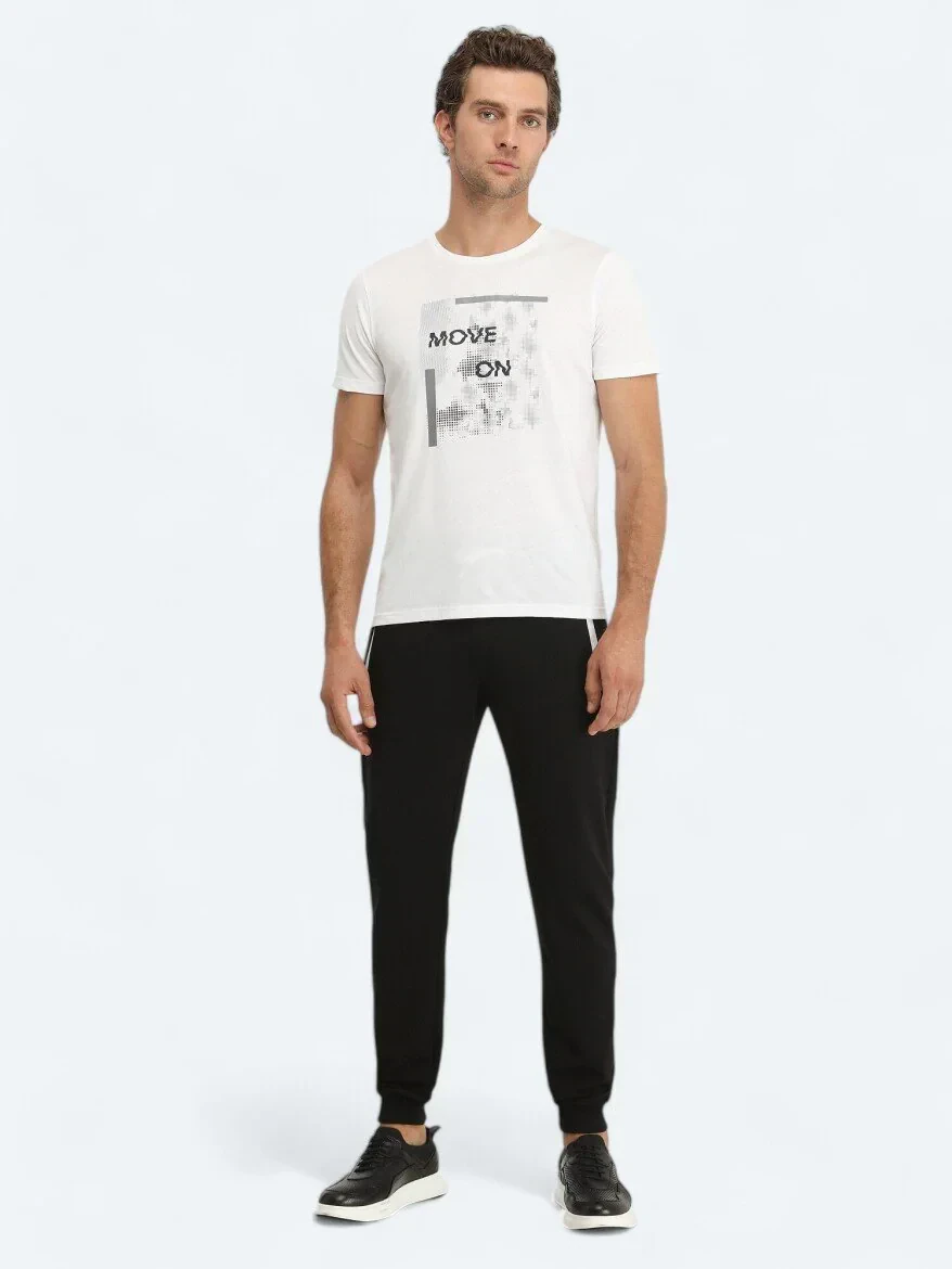 Beyaz Baskılı Bisiklet Yaka %100 Pamuk T-Shirt - 2