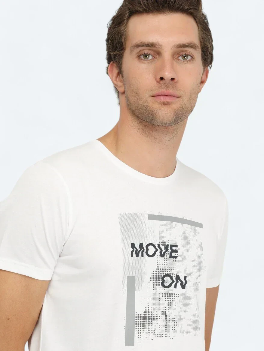 Beyaz Baskılı Bisiklet Yaka %100 Pamuk T-Shirt - 3