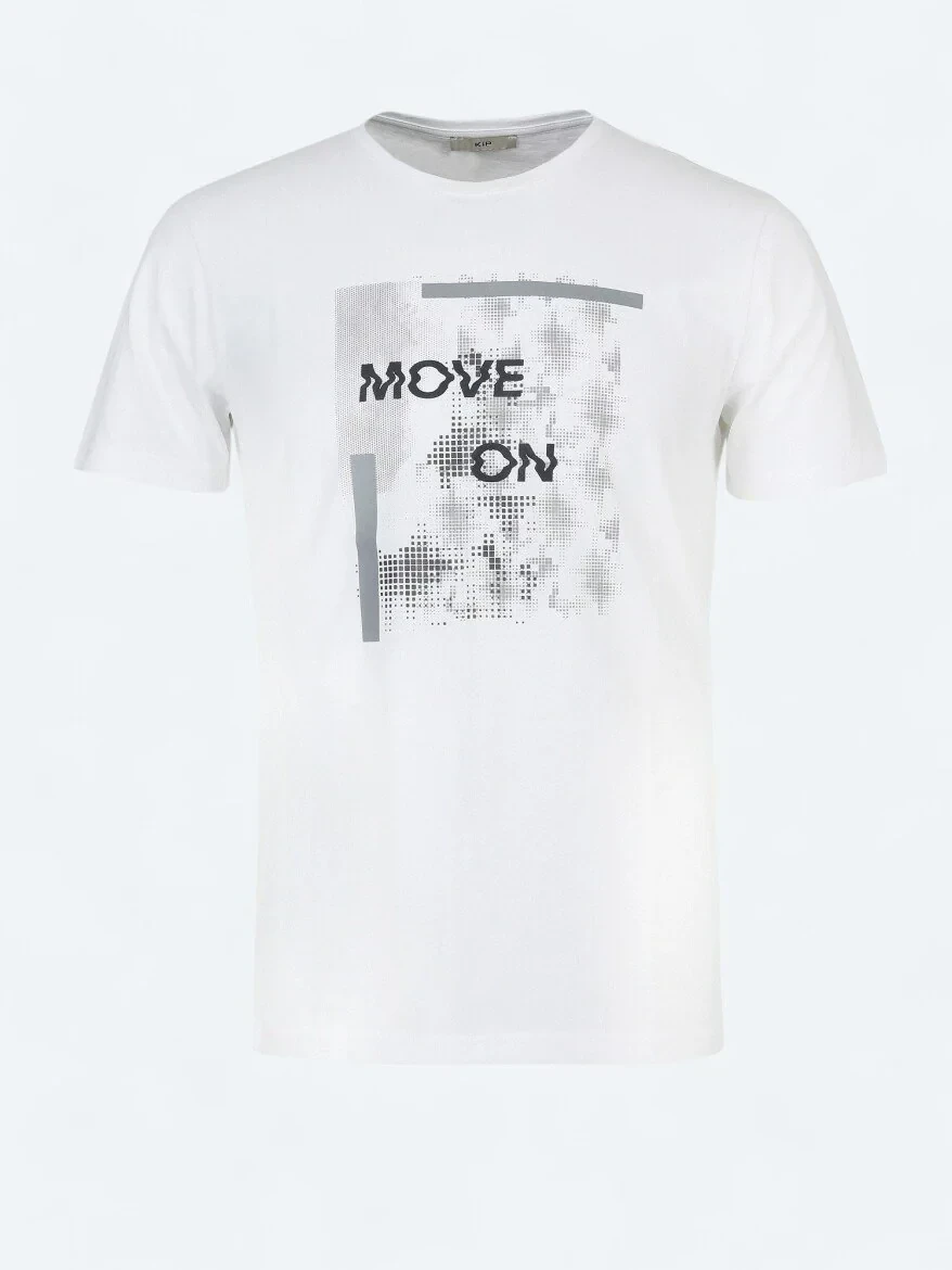 Beyaz Baskılı Bisiklet Yaka %100 Pamuk T-Shirt - 5