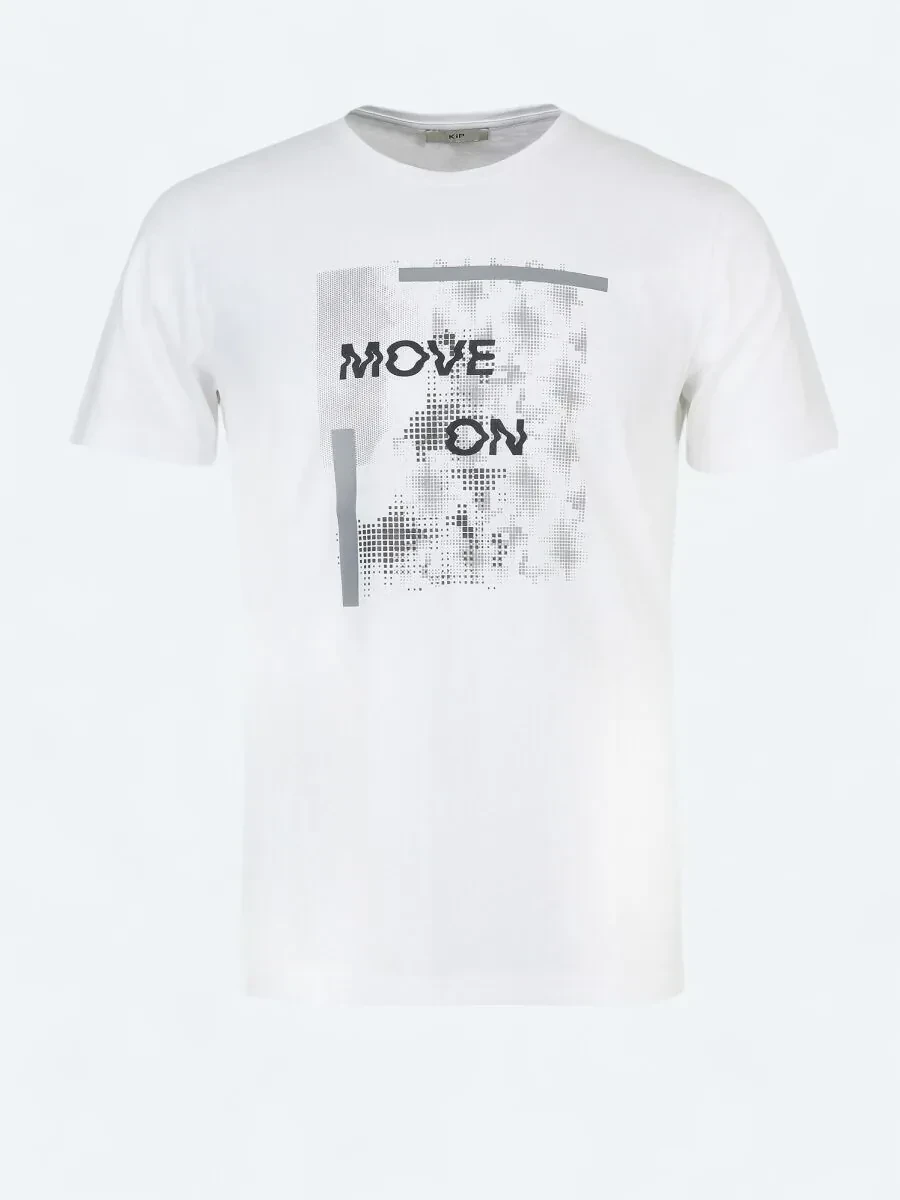 Beyaz Baskılı Bisiklet Yaka %100 Pamuk T-Shirt - 5