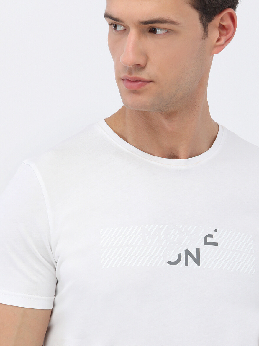 Beyaz Baskılı Bisiklet Yaka %100 Pamuk T-Shirt - 3