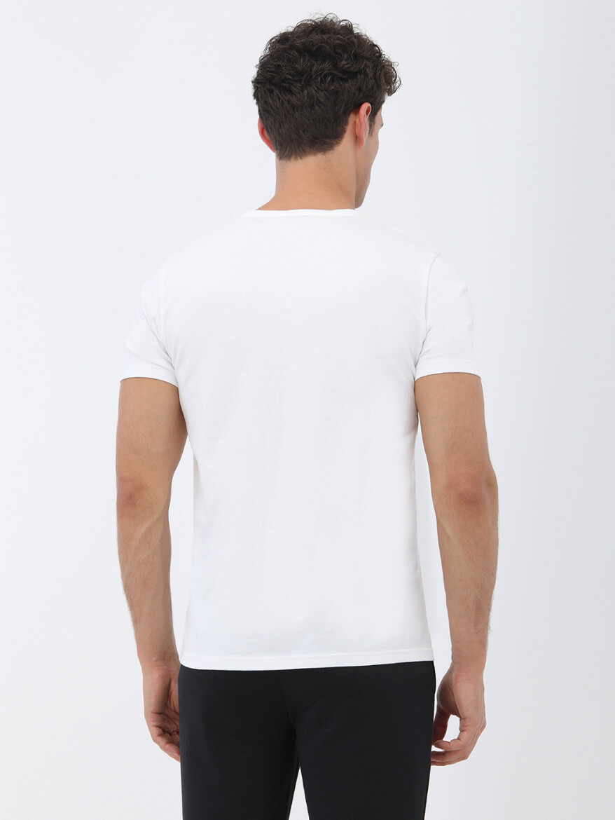 Beyaz Baskılı Bisiklet Yaka %100 Pamuk T-Shirt - 4