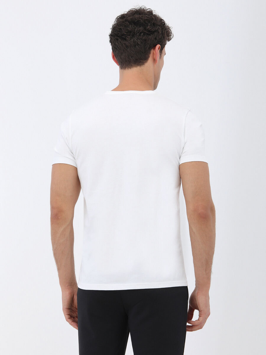 Beyaz Baskılı Bisiklet Yaka %100 Pamuk T-Shirt - 4