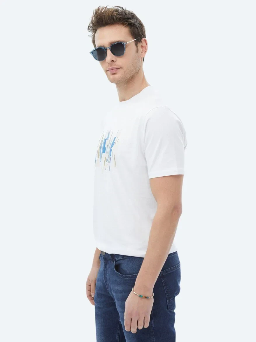 Beyaz Baskılı Bisiklet Yaka %100 Pamuk T-Shirt - 2