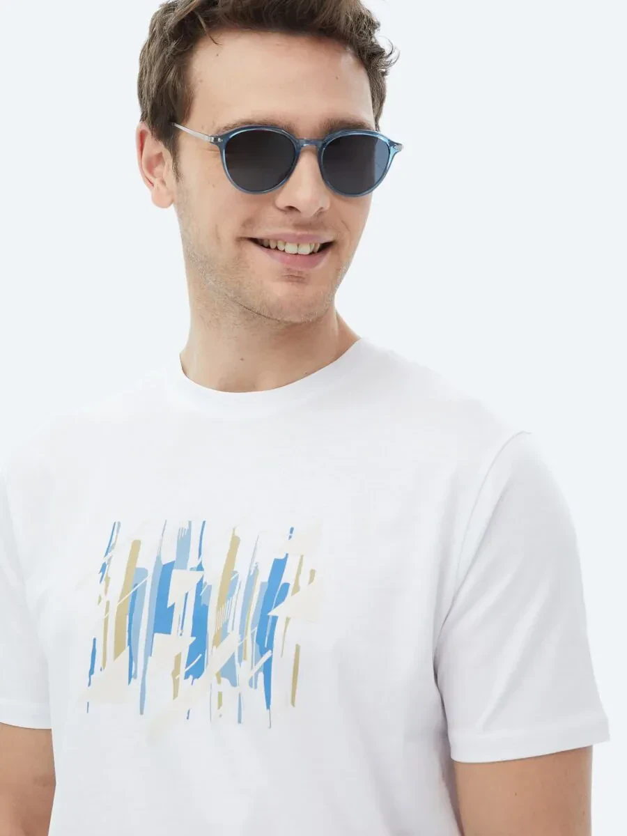 Beyaz Baskılı Bisiklet Yaka %100 Pamuk T-Shirt - 5