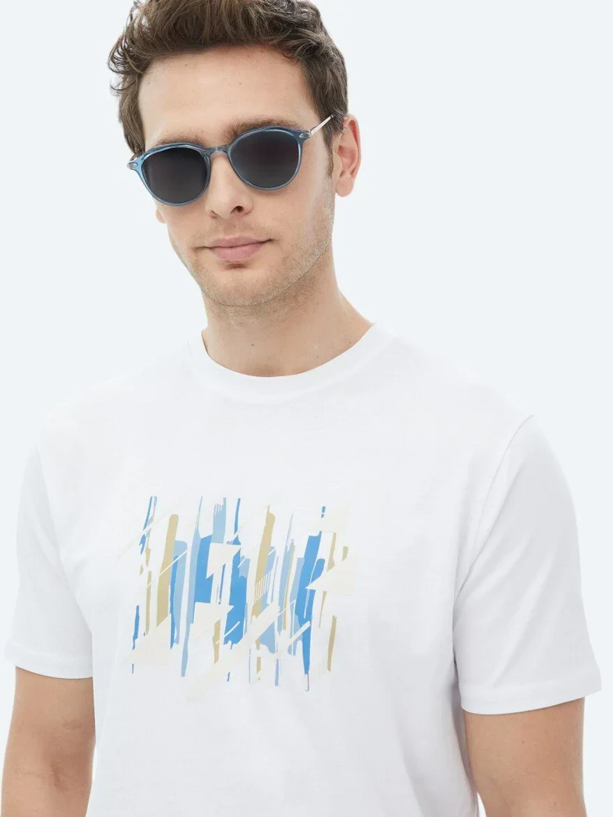 Beyaz Baskılı Bisiklet Yaka %100 Pamuk T-Shirt - 7