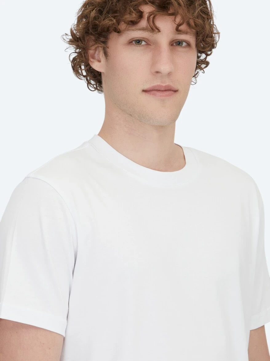 Beyaz Bisiklet Yaka %100 Pamuk T-Shirt - 3