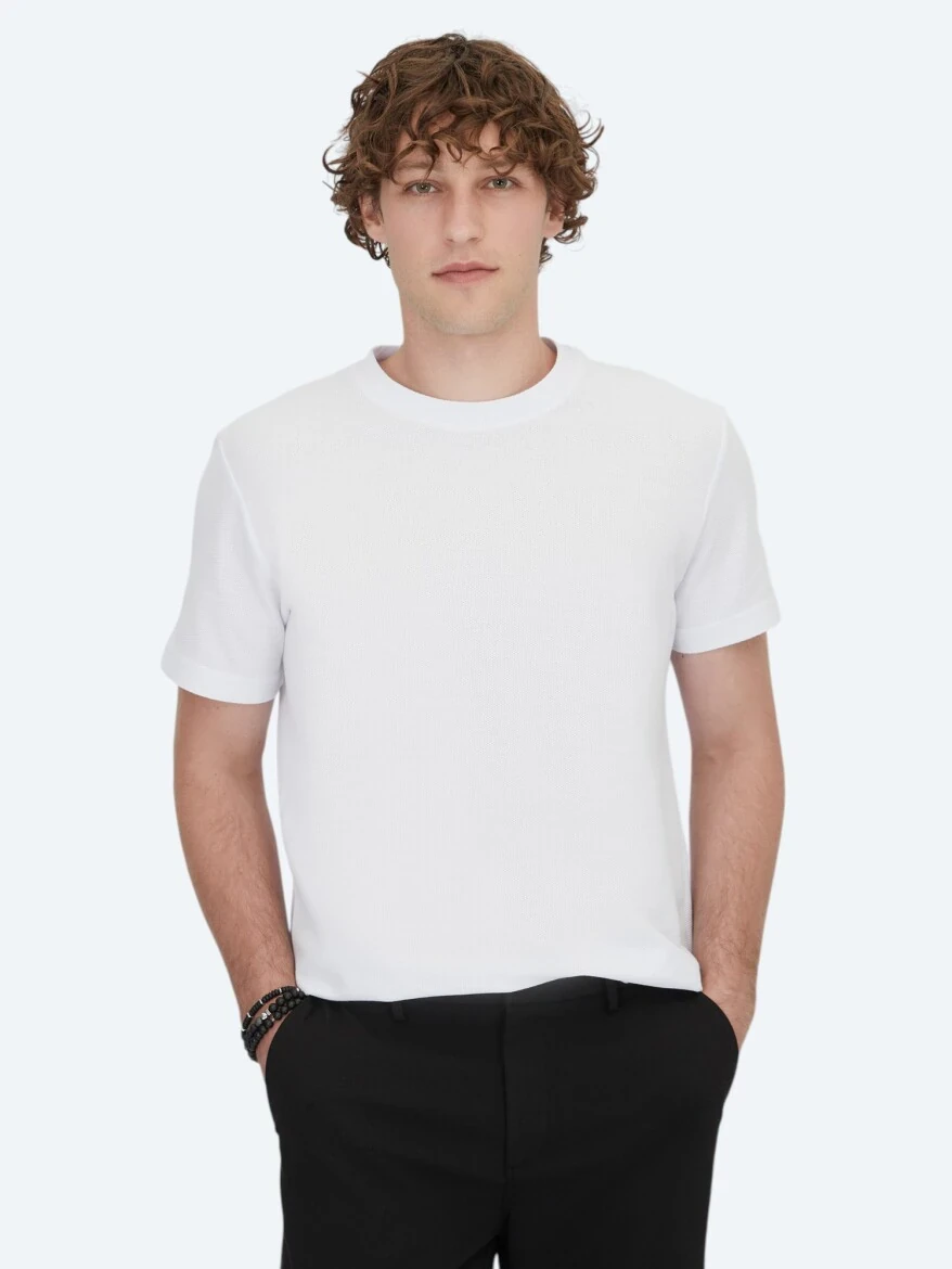 Beyaz Bisiklet Yaka %100 Pamuk T-Shirt - 1