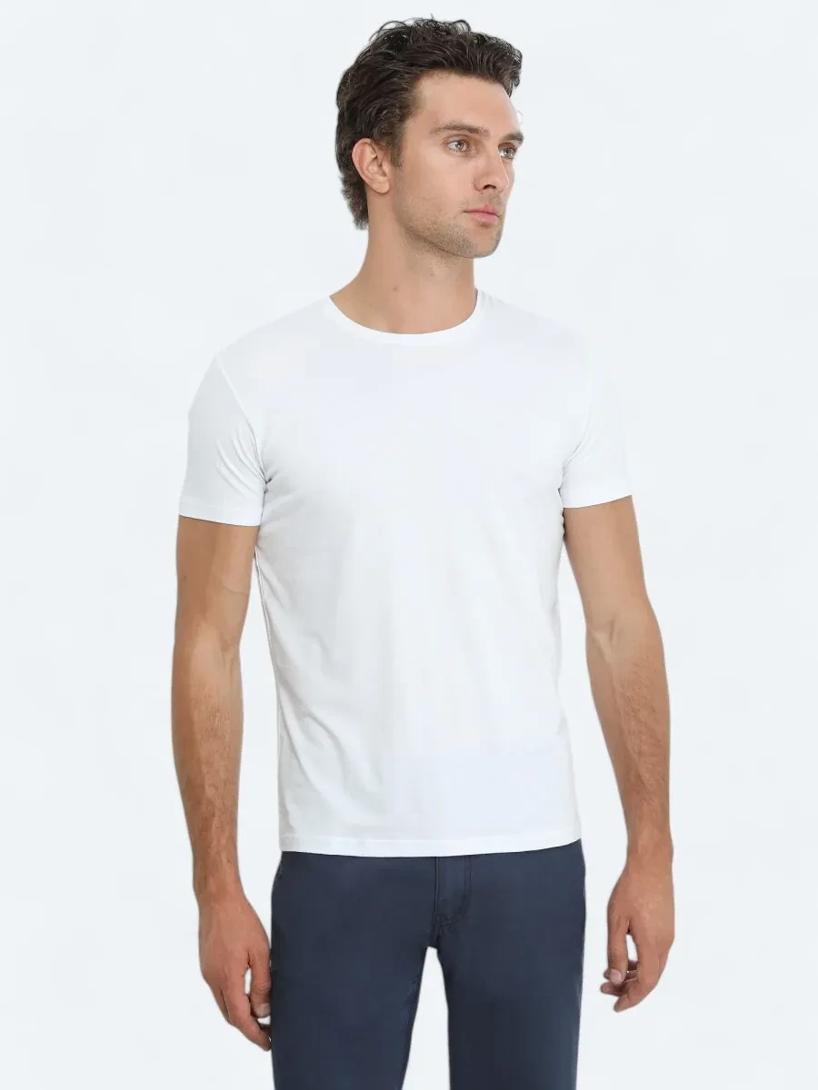 Beyaz Bisiklet Yaka Pamuk Karışımlı T-Shirt - 1