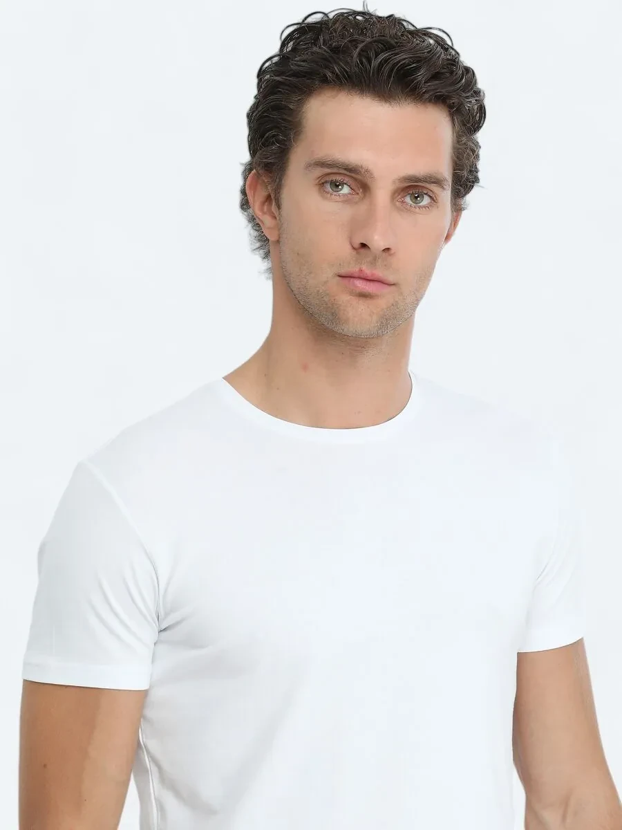 Beyaz Bisiklet Yaka Pamuk Karışımlı T-Shirt - 4