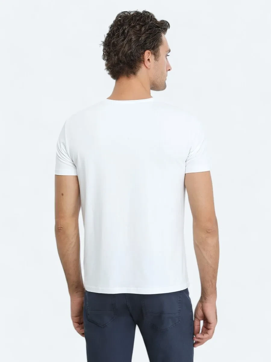 Beyaz Bisiklet Yaka Pamuk Karışımlı T-Shirt - 5