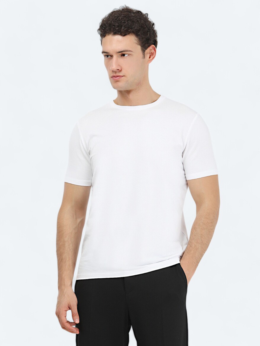 Beyaz Bisiklet Yaka Pamuk Karışımlı T-Shirt - 1