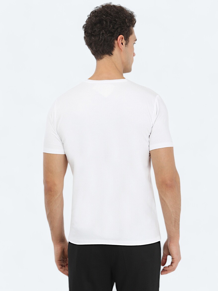 Beyaz Bisiklet Yaka Pamuk Karışımlı T-Shirt - 5