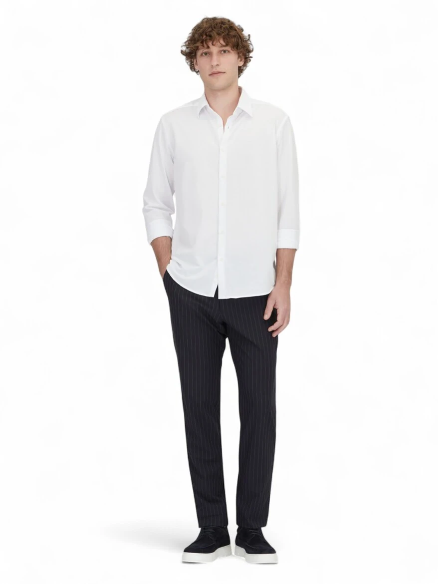 Beyaz Çizgili Regular Fit Casual Pamuk Karışımlı Gömlek - 2