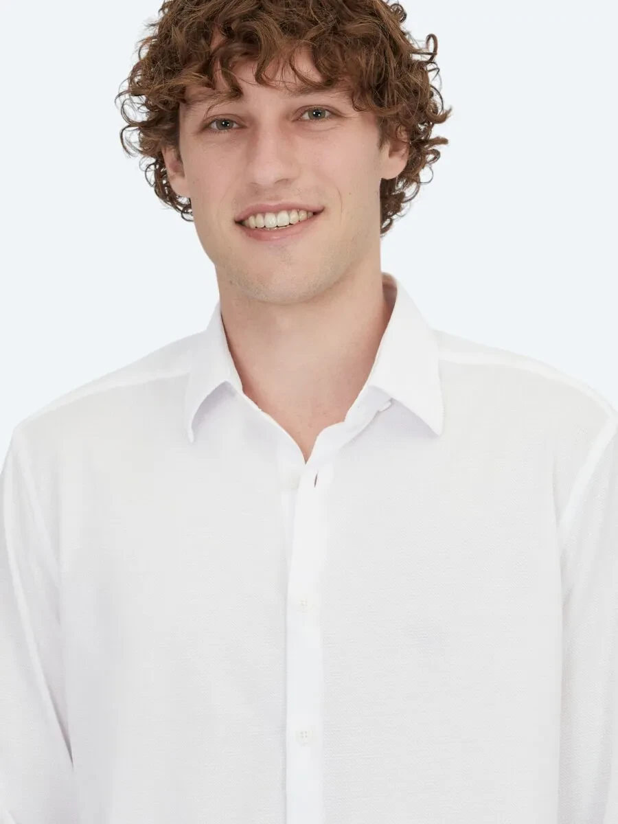 Beyaz Çizgili Regular Fit Casual Pamuk Karışımlı Gömlek - 3