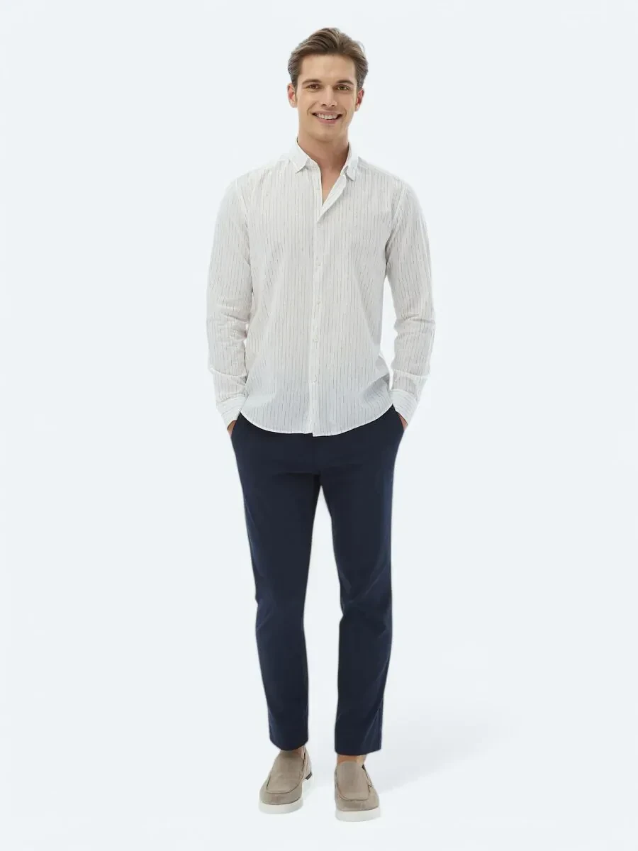 Beyaz Çizgili Regular Fit Dokuma Casual %100 Pamuk Gömlek - 2