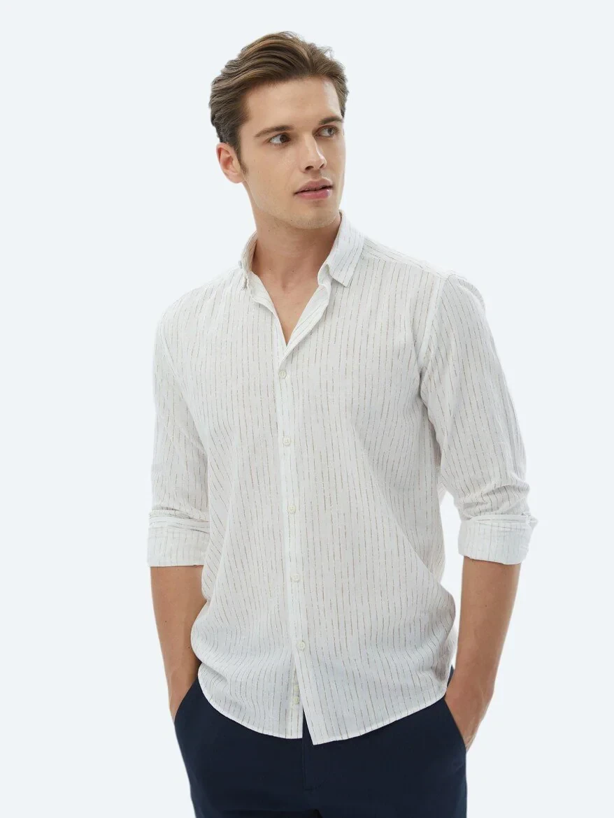 Beyaz Çizgili Regular Fit Dokuma Casual %100 Pamuk Gömlek - 4