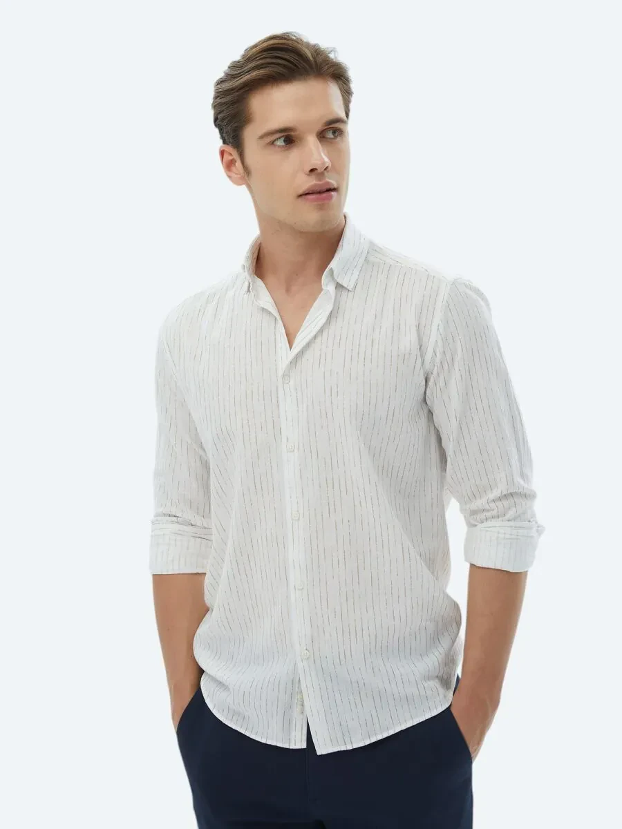 Beyaz Çizgili Regular Fit Dokuma Casual %100 Pamuk Gömlek - 4