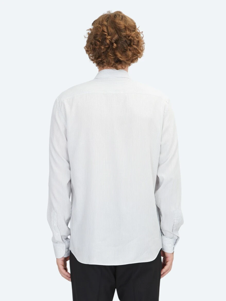 Beyaz Çizgili Regular Fit Dokuma Casual Gömlek - 5