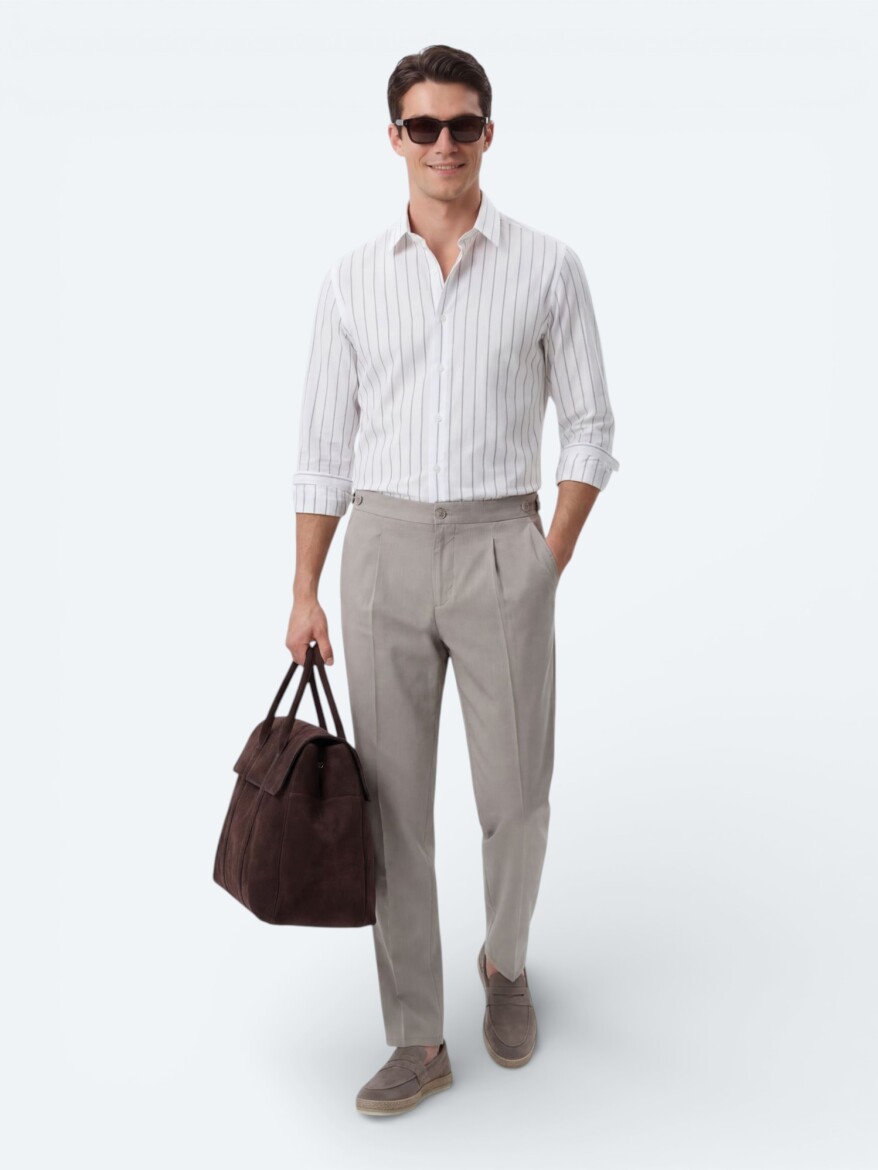 Beyaz Çizgili Regular Fit Dokuma Casual Pamuk Karışımlı Gömlek - KİP