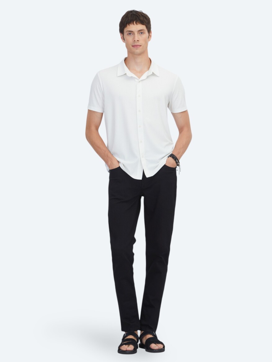 Beyaz Çizgili Regular Fit Kısa Casual Gömlek - KİP