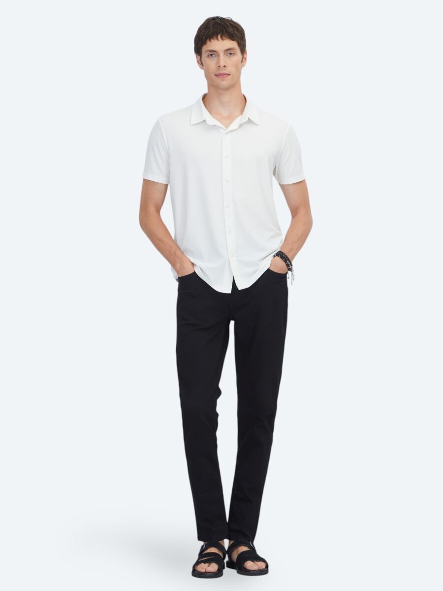 Beyaz Çizgili Regular Fit Kısa Casual Gömlek - 2