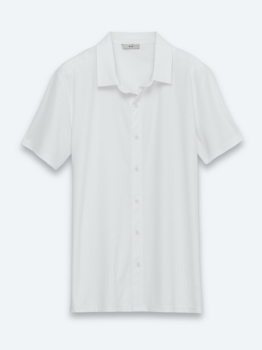 Beyaz Çizgili Regular Fit Kısa Casual Gömlek - 7