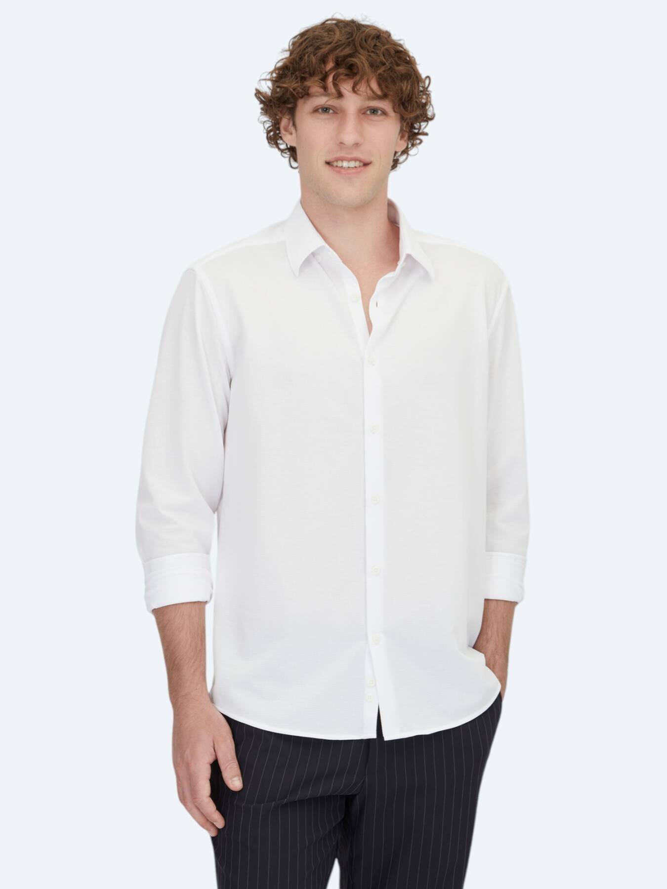 Beyaz Çizgili Regular Fit Uzun Casual Pamuk Karışımlı Gömlek