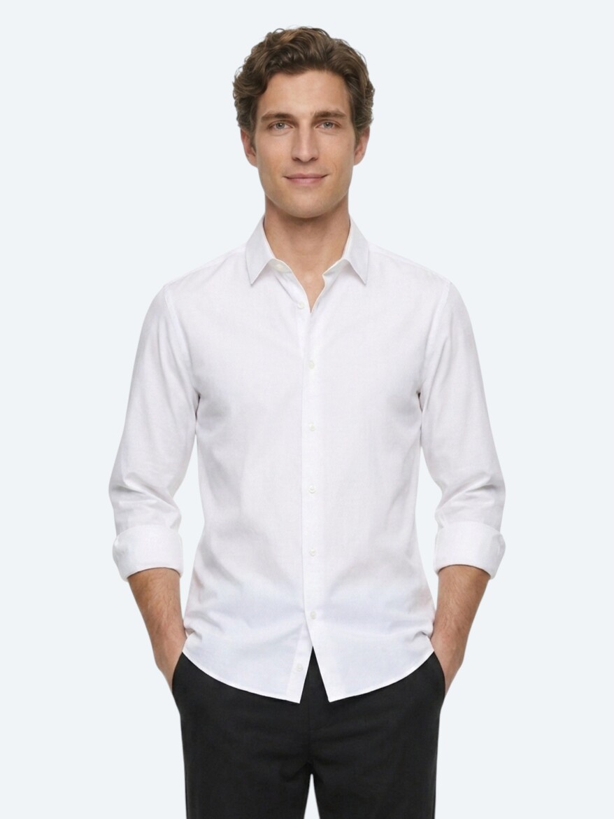 Beyaz Çizgili Regular Fit Uzun Dokuma Casual %100 Pamuk Gömlek - KİP