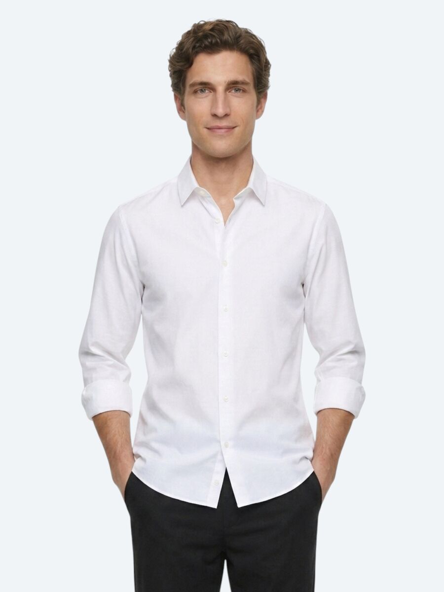 Beyaz Çizgili Regular Fit Uzun Dokuma Casual %100 Pamuk Gömlek - 1