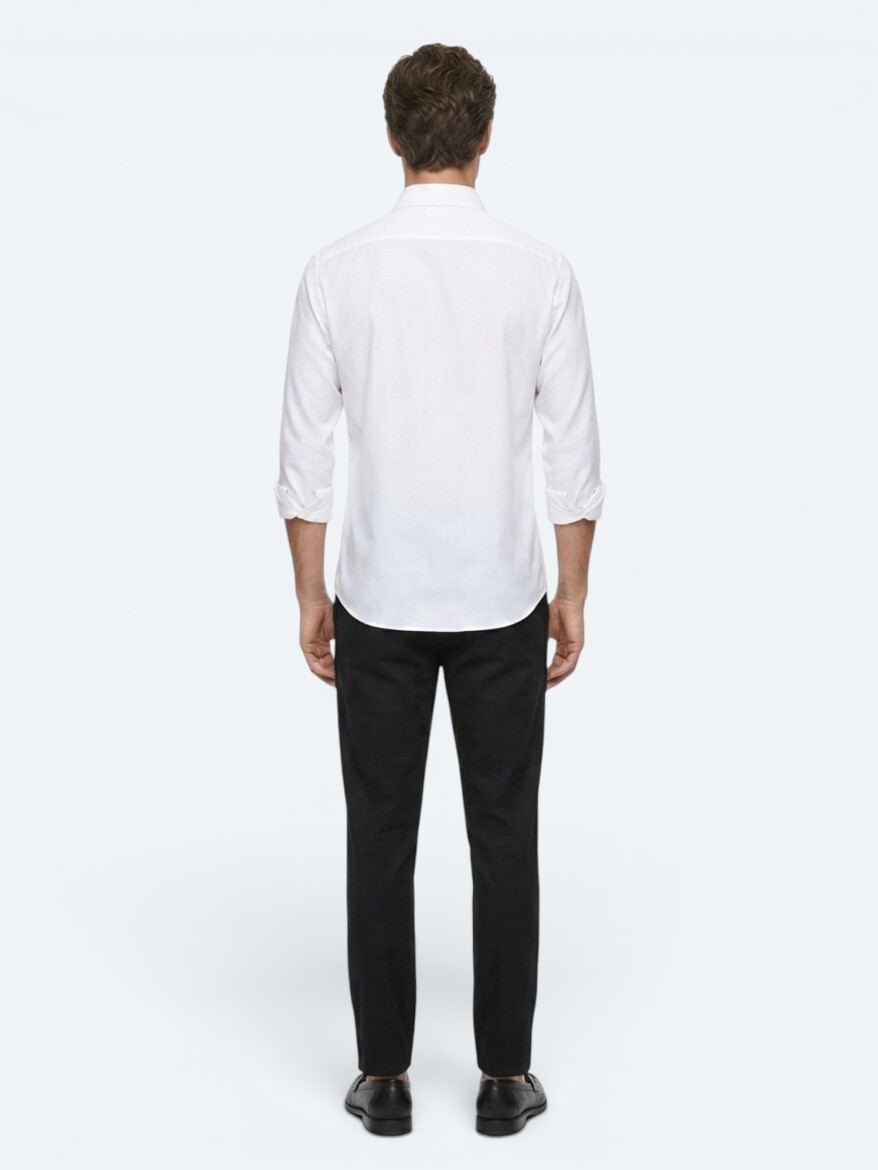 Beyaz Çizgili Regular Fit Uzun Dokuma Casual %100 Pamuk Gömlek - 5