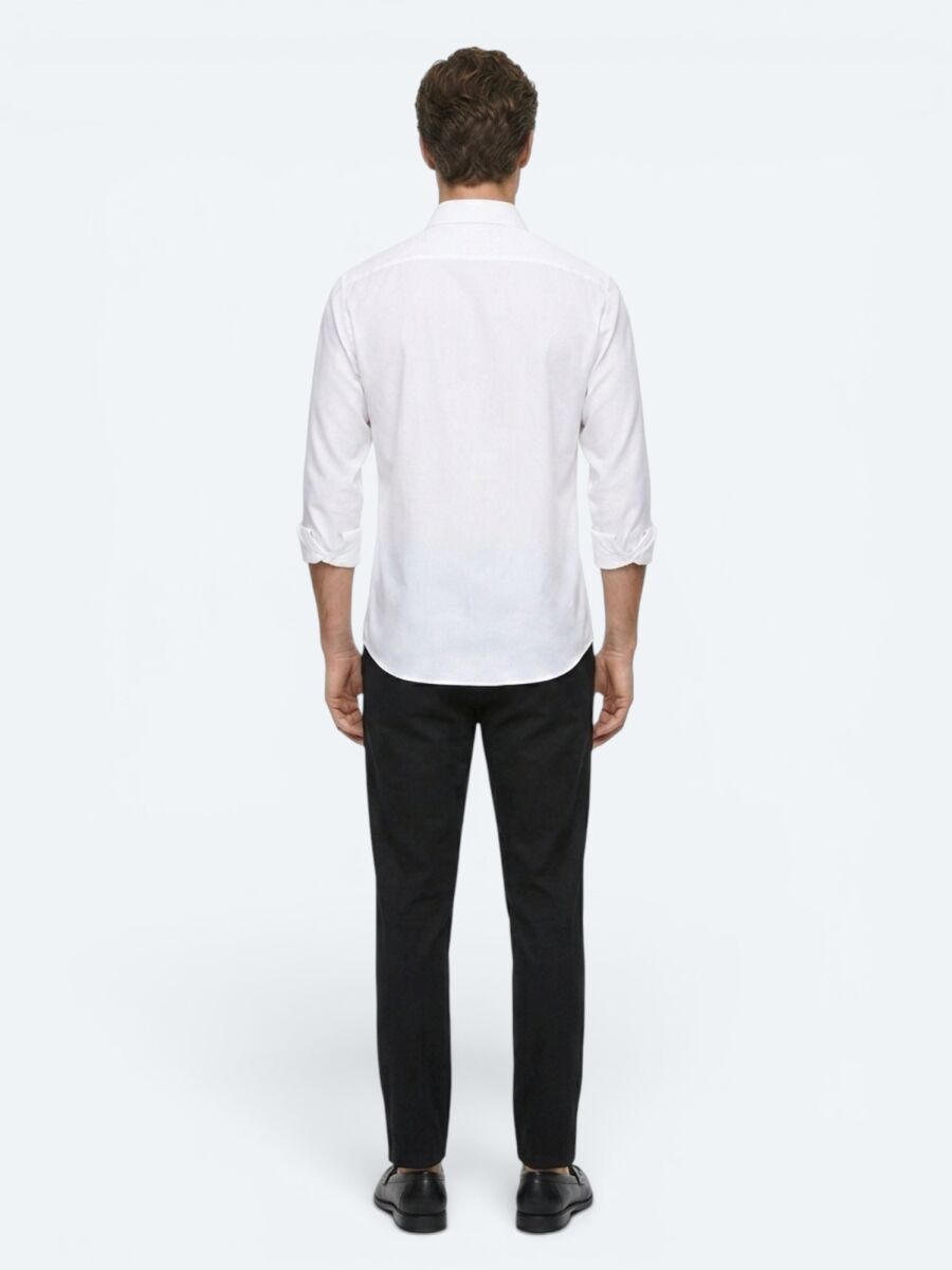 Beyaz Çizgili Regular Fit Uzun Dokuma Casual %100 Pamuk Gömlek - 5