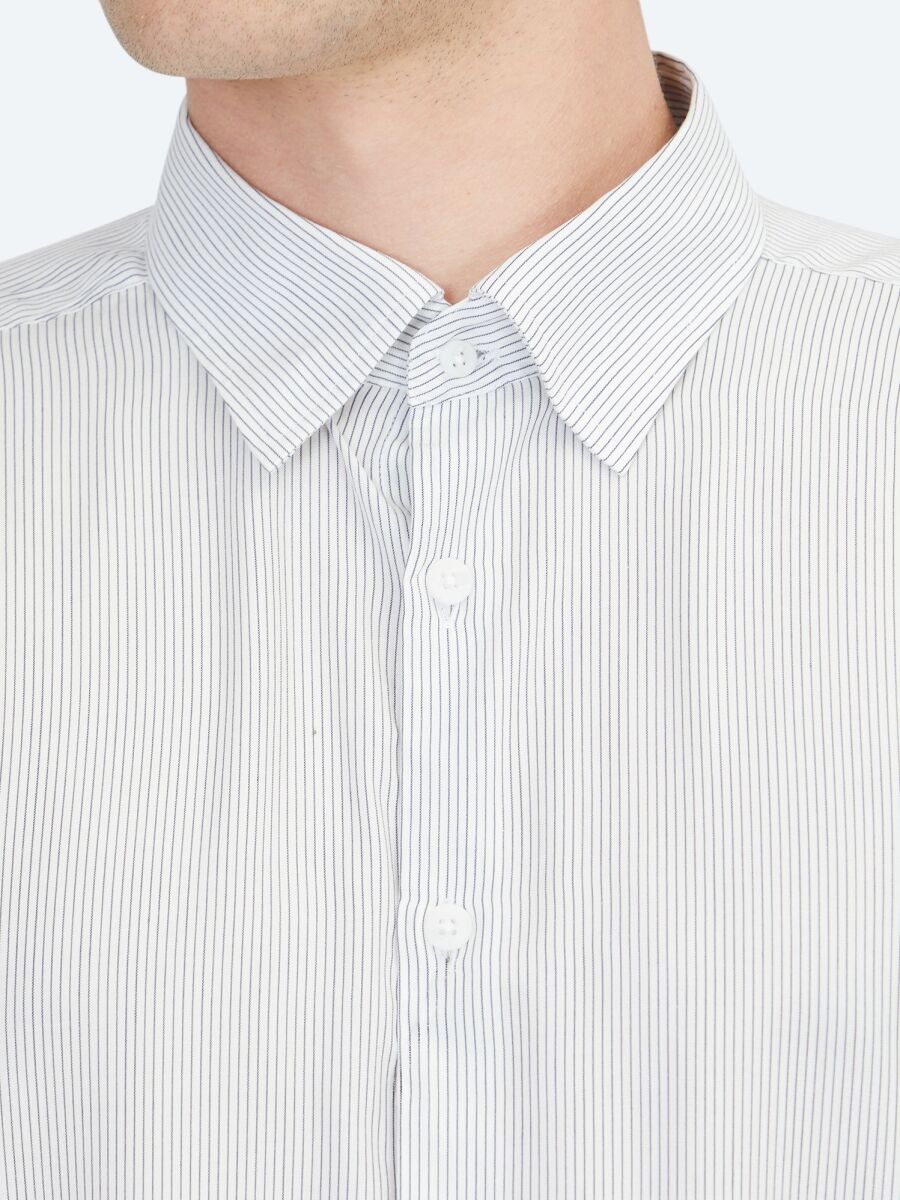 Beyaz Çizgili Regular Fit Uzun Dokuma Casual Gömlek - 4