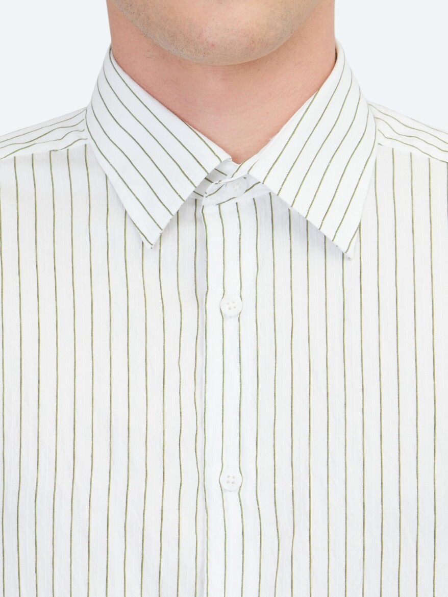 Beyaz Çizgili Regular Fit Uzun Dokuma Casual Gömlek - 5