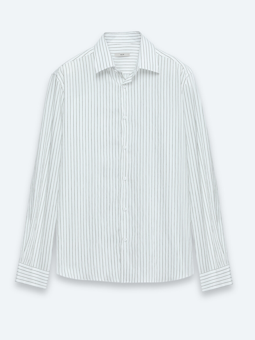 Beyaz Çizgili Regular Fit Uzun Dokuma Casual Gömlek - 7