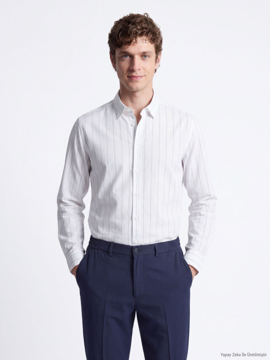 Beyaz Çizgili Regular Fit Uzun Dokuma Casual Pamuk Karışımlı Gömlek - KİP