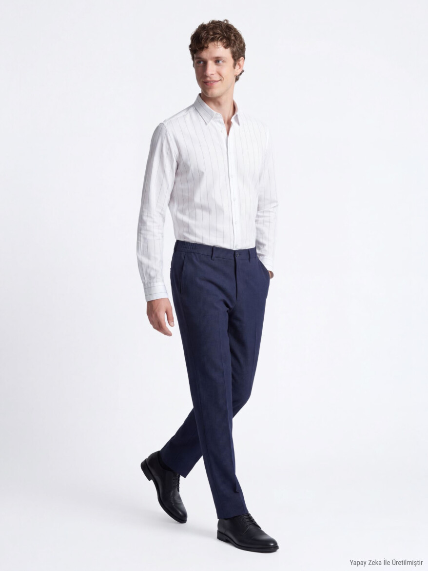 Beyaz Çizgili Regular Fit Uzun Dokuma Casual Pamuk Karışımlı Gömlek - KİP