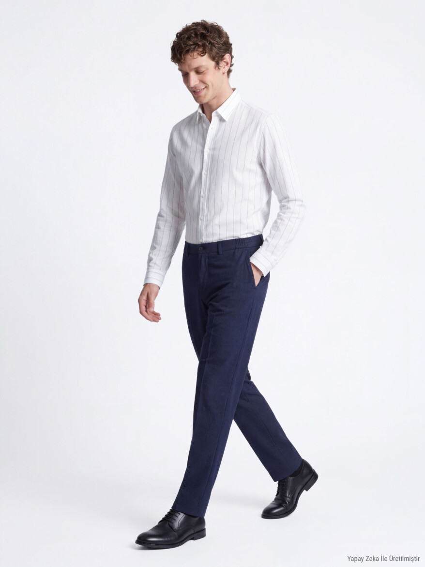Beyaz Çizgili Regular Fit Uzun Dokuma Casual Pamuk Karışımlı Gömlek - 4