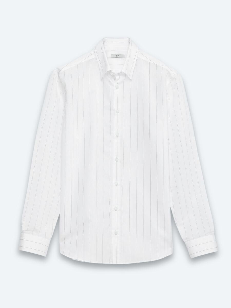 Beyaz Çizgili Regular Fit Uzun Dokuma Casual Pamuk Karışımlı Gömlek - 6