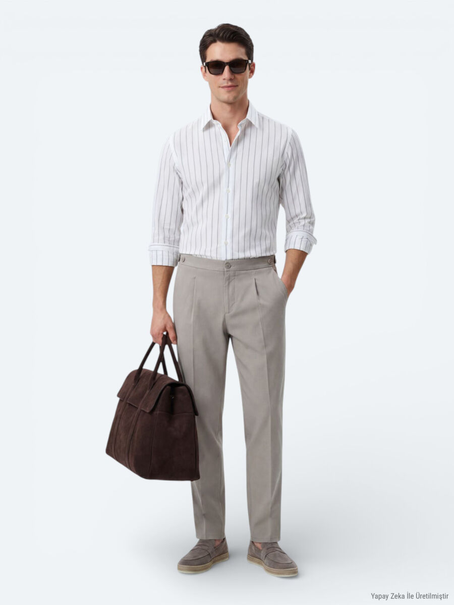 Beyaz Çizgili Regular Fit Uzun Dokuma Casual Pamuk Karışımlı Gömlek - 4