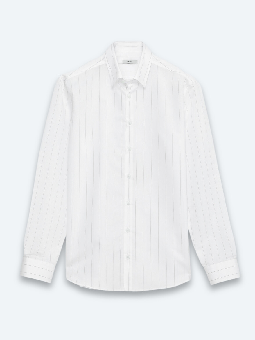 Beyaz Çizgili Regular Fit Uzun Dokuma Casual Pamuk Karışımlı Gömlek - 6