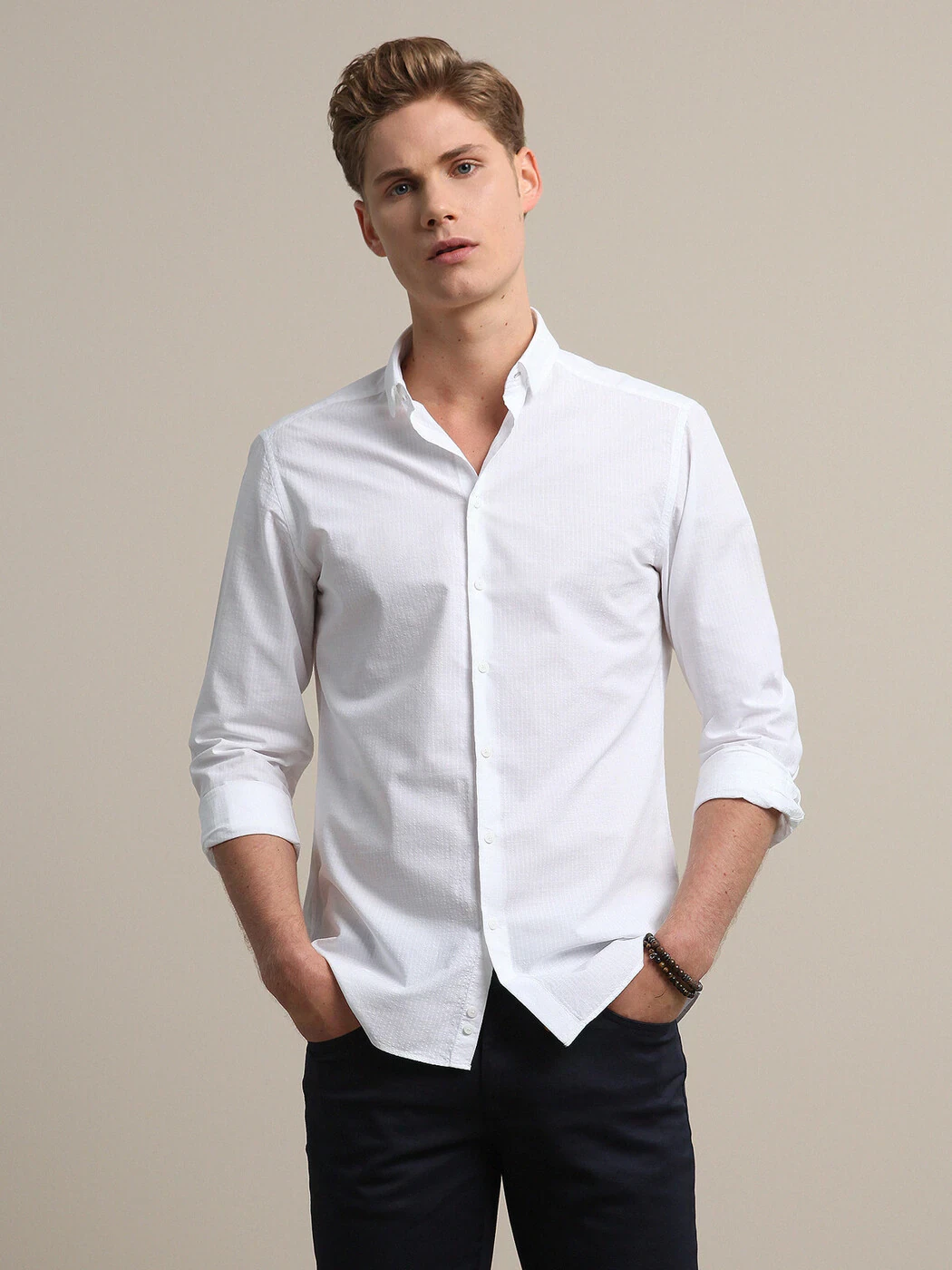 Beyaz Çizgili Slim Fit Dokuma Casual %100 Pamuk Gömlek - 2