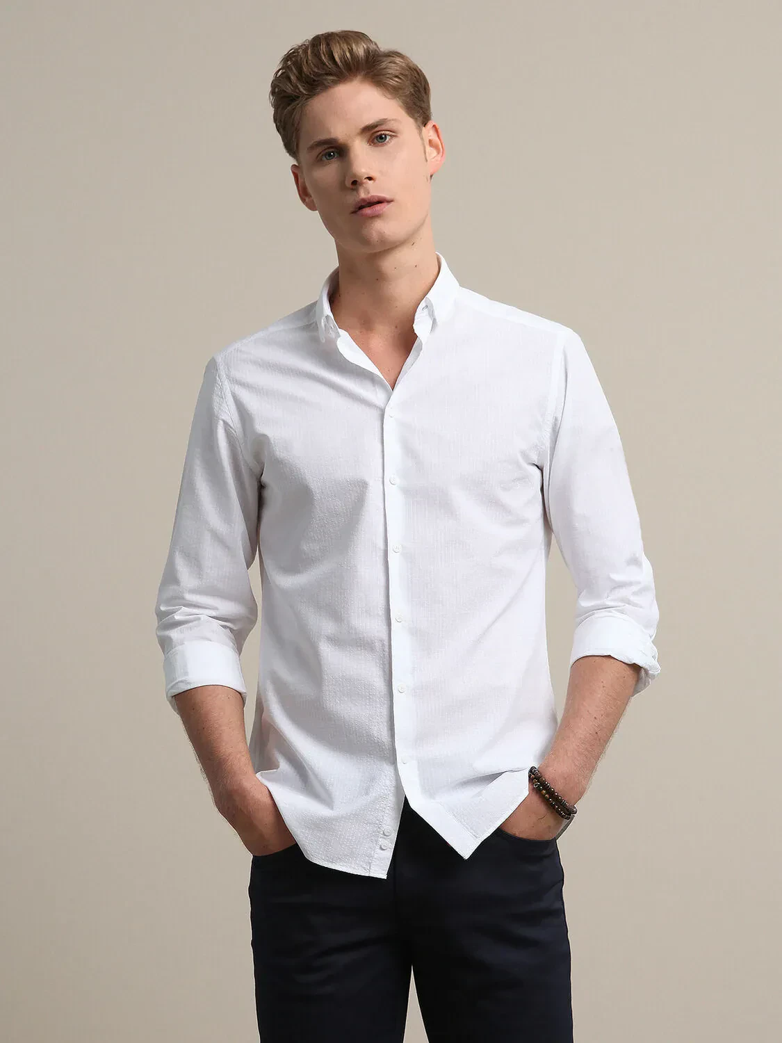 Beyaz Çizgili Slim Fit Dokuma Casual %100 Pamuk Gömlek - 2