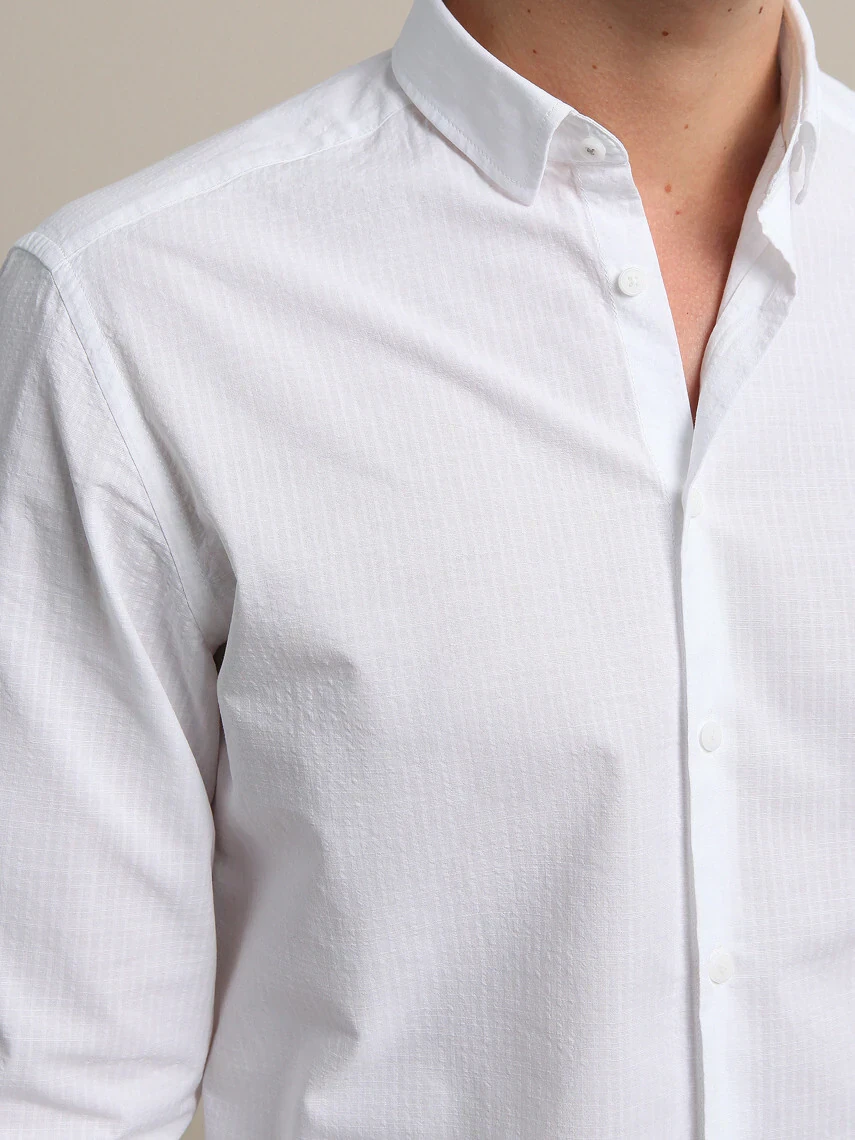 Beyaz Çizgili Slim Fit Dokuma Casual %100 Pamuk Gömlek - 3