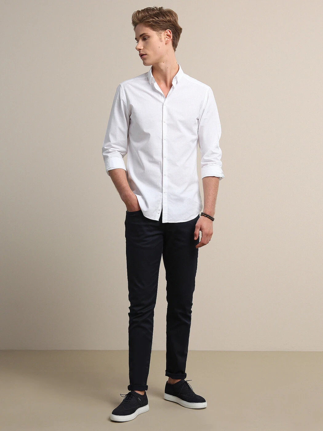 Beyaz Çizgili Slim Fit Dokuma Casual %100 Pamuk Gömlek - 4