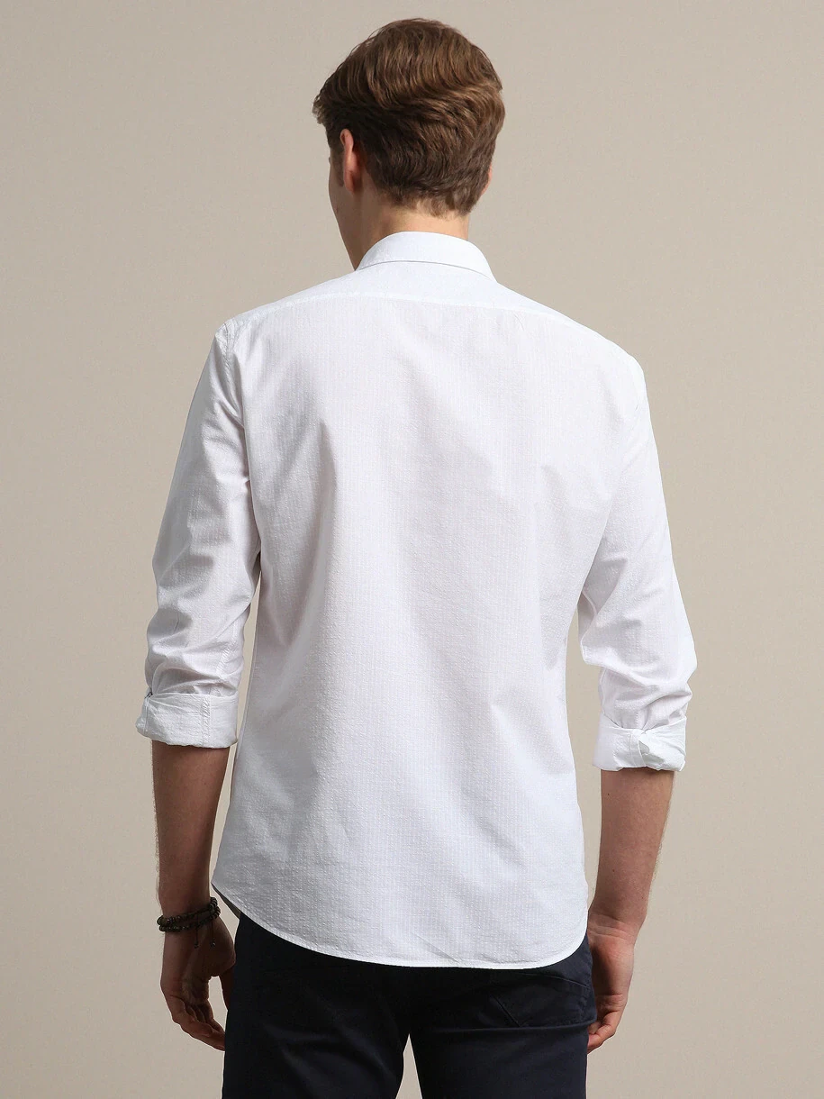 Beyaz Çizgili Slim Fit Dokuma Casual %100 Pamuk Gömlek - 5