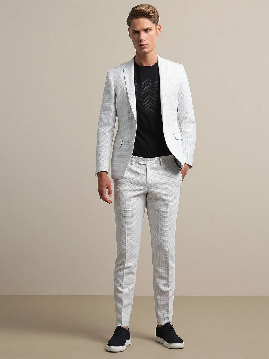Beyaz Çizgili Slim Fit Takım Elbise - 3